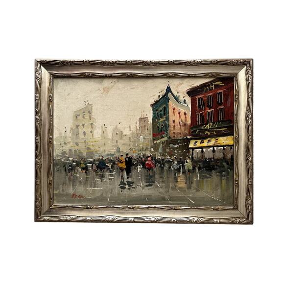 Handmade Other - Painting On Board Signed Ferro Framed Paris City Scene
